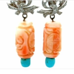 Angel Skin Coral Diamond Turquoise 14K Dangling Earrings